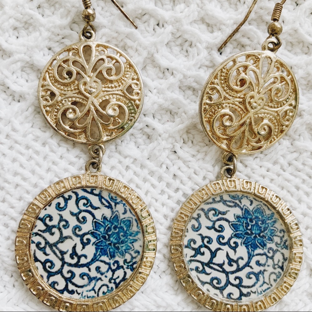 Blue floral and gold earrings